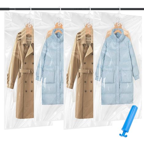 4 x Hanging Vacuum Storage Bags for Clothes (2 x 130 x 70 cm + 2 x 110 x 70 cm), Reusable Vacuum Bag with Manual Pump for Suits, Coats, Jackets, Dresses (1/5)