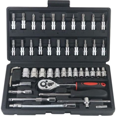 46 Piece 1/4 Inch Socket Ratchet Wrench Set with Metric Sockets and Extension for Auto Repair and Household (Black) (1/5)