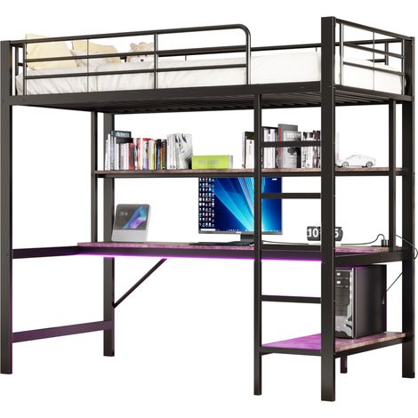 Litera alta infantil 90x200 cm con escritorio, estantería, LED de 7 colores, USB y enchufe, barandilla y escalera, metal negro, sin colchón  CHICFURN (1/5)