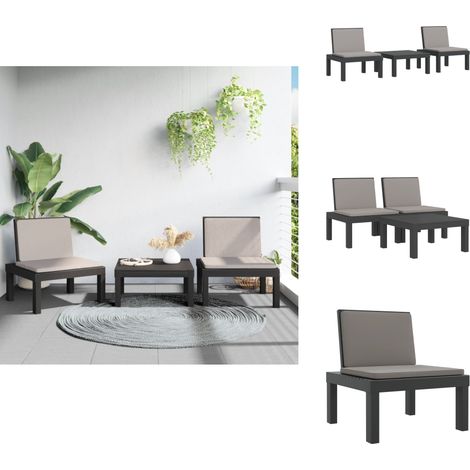 3-tlg. Garten-Lounge-Set mit Kissen Anthrazit PP - Gartensessel - Loungesessel - Gartenmöbel - Outdoor Möbel - Sonnenliege (1/5)