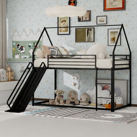 Lit superposé en fer noir 90x190 cm, style maison jeu avec toboggan (1/5)