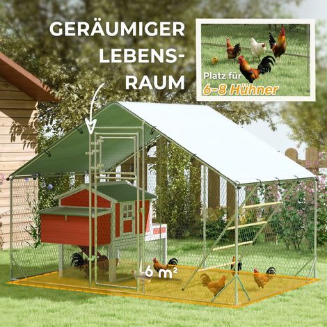 Poulailler avec enclos extérieur pour 6-8 poules, toile résistante aux UV, grillage en acier, distributeur de nourriture inclus (1/5)