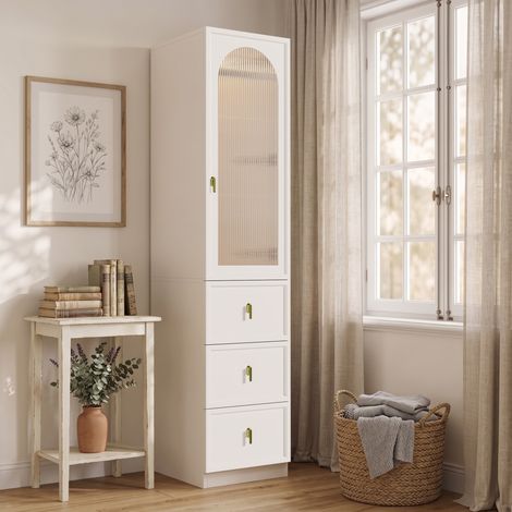 Armoire Penderie 1 Porte en Verre Cannelé avec LED 3 Tiroirs Colonne Gain de Place pour Chambre Entrée Salon Moderne Blanche 45x48x200cm (1/5)