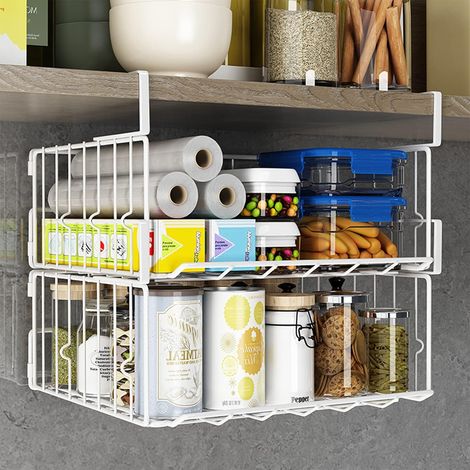 Organisateur de Panier Sous Cabinet, Lot de 2 Paniers Pliables en Maille Métallique, Gain de Place, Robuste et Durable, Pas de Montage Requis (Blanc 2 Pack) (1/5)