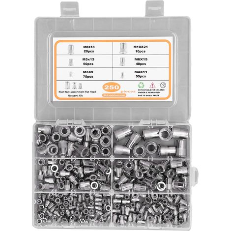 Flachkopfnietmuttern aus Edelstahl 304, Packung mit 250 Stück M3 M4 M5 M6 M8 M10, Gewindeeinsätze zur Befestigung, robustes und widerstandsfähiges Sortiment. (1/5)