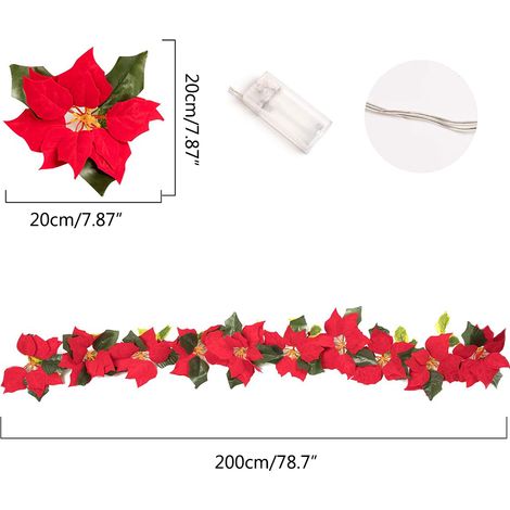 Guirlande lumineuse de poinsettias de Noël, 10 LED, fleurs artificielles, décoration pour sapin de Noël, intérieur et extérieur, pour fêtes. (1/5)