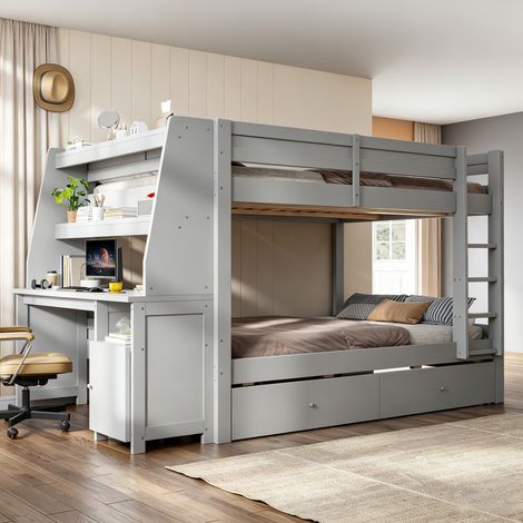 VVBV Lit superposé, 140 x 200 cm, rangements, tiroirs, échelle/escaliers, bois, gris, bureau intégré (1/5)