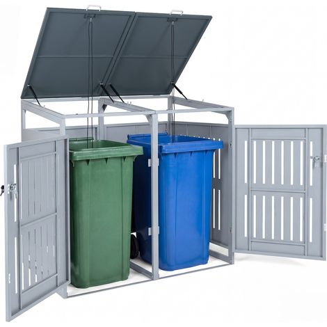 Abri pour Poubelles d'Extérieur pour 2 Conteneurs, Volume 1,24 m³ avec Amortisseurs à Gaz, Portes Verrouillables, Toit Incliné, Gris clair (1/5)