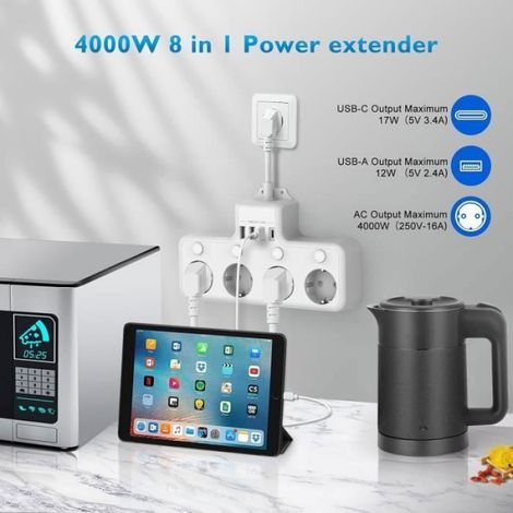 Multiprise - - 4 Prises - 4000W - 16A - 4 Interrupteurs Individuels - 3 USB-A 1 USB-C (1/4)