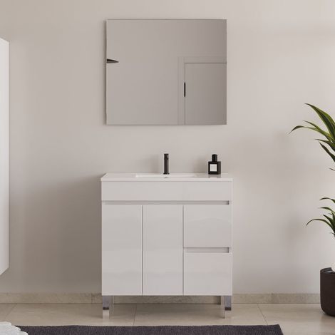 Meuble de salle de bain 80cm simple vasque avec portes et tiroirs - blanc - HARO (1/5)