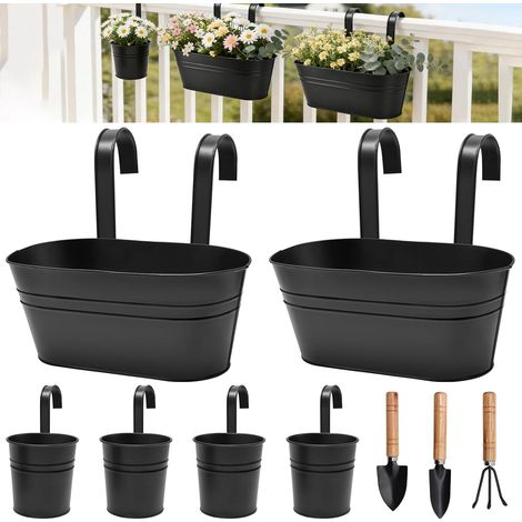 6 x Hanging Flower Pots with 3 Gardening Tools, Hanging Planter with Drainage Hole and Removable Hooks, Rust Resistant, Pots for Balcony, Railing, Fence (1/5)