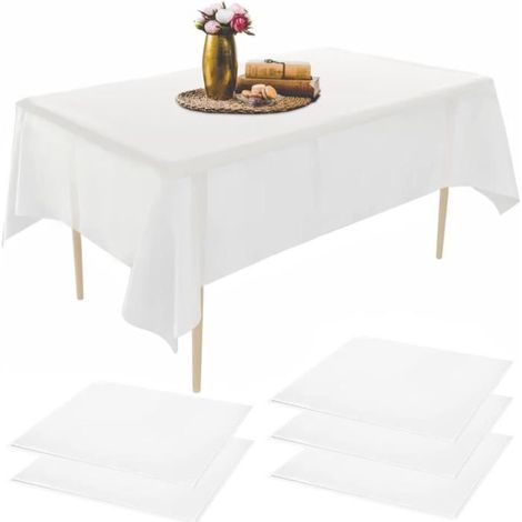 5er-Pack weiße Einwegtischdecken, 137 x 183 cm, aus waschbarem Polyestergewebe, ideal für Hochzeiten und Bankette.