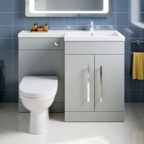 ELEGANT 1100mm L Shape Bathroom Vanity Sink Unit Furniture Storage,Left Hand Matte Grey Vanity unit + Basin + Ceramic D shaped Toilet with Concealed Cistern (1/5)