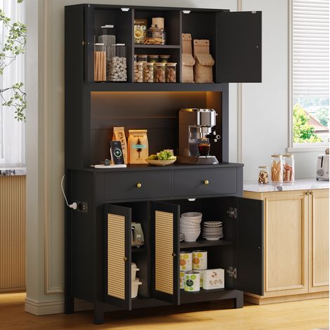 Credenza alta da cucina nera in MDF con illuminazione LED RGB, prese e 2 cassetti, 100 x 40 x 180 cm (1/5)