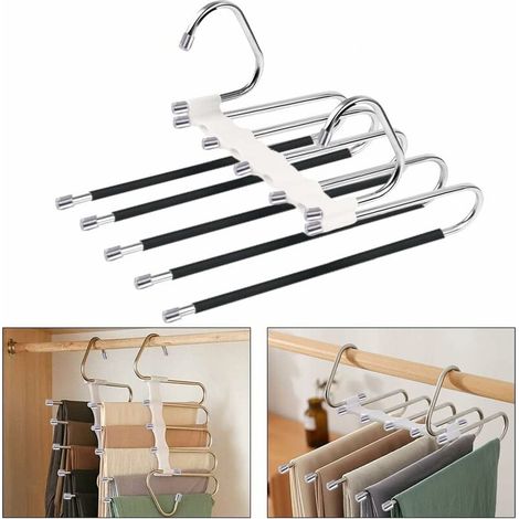 Etendoir Multiple Blanc, 1 Pièces Cintres Pantalons Cintre Gain de Place,Multi Cintre Magique Rangement Placard, Acier Inoxydable Multifonction Pliable Antidérapant Porte Jeans (1/5)