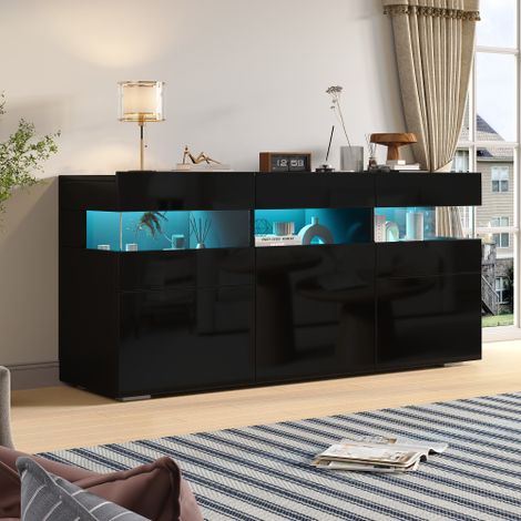 Credenza da soggiorno 14040,566,5 cm, cassettiera con 3 ante, mobile da soggiorno lucido con striscia LED, struttura in acrilico trasparente, mobile con 7 ripiani, mobile largo 140 cm, nero (1/5)