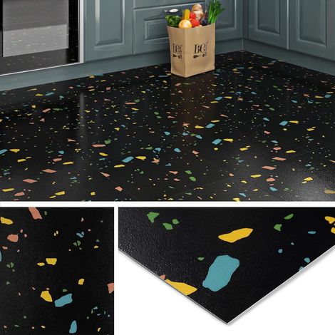 Dalle PVC Adhesive Sol Noir Terrazzo 30x30CM Carrelage Adhesif Sol Cuisine Noir Lino Sols Adhesif Salle de Bain Marbre Foncé Revetement de Sols Vinyle Chambre Enfant Corridor WC, 4 Dalles (1/5)