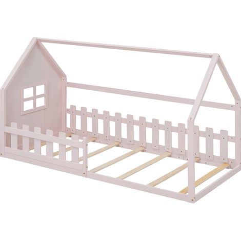 Lit enfant 90 x 200 cm en forme de maison rose en pin et MDF (1/5)