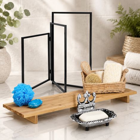 Badezimmer-Set aus Eisen und Bambus (3-teilig) – Klappbarer Handtuchhalter, Badewannenablage und Seifenschale aus Gusseisen (1/5)