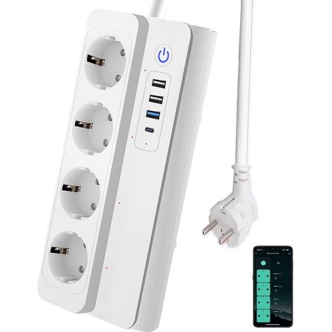 Intelligente Steckdosenleiste 3.0 mit 4 AC-Steckdosen, 1 USB-C-Schnellladegerät (PD 20 W) und 3 USB-A-Anschlüssen (16 A).