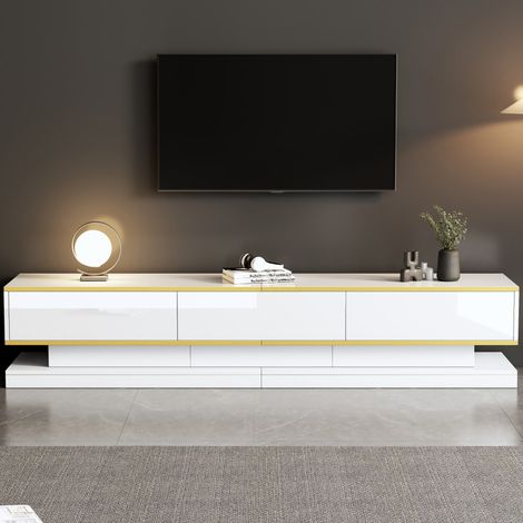 Meuble TV 200cm blanc chaud doré - 3 grands tiroirs - Finition haute brillance - Design sur pied (1/5)