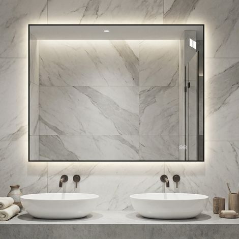 Espejo de baño LED 90x70 cm con marco de aluminio, antivaho, regulable, 3 luces (1/5)