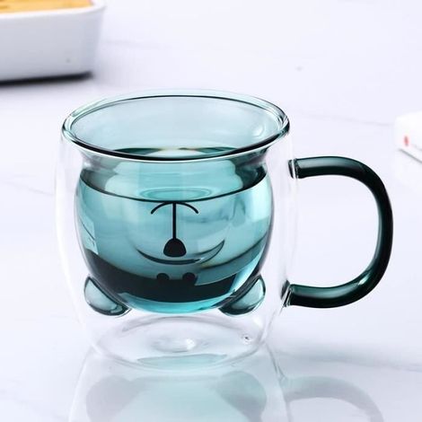 Tasse de Café Double Paroi,ANNEFLY Coupe en Verre Sapin Noël en Verre Petit ours Motif Le Lait Coupe Cadeau (lac bleu Bear) (1/4)