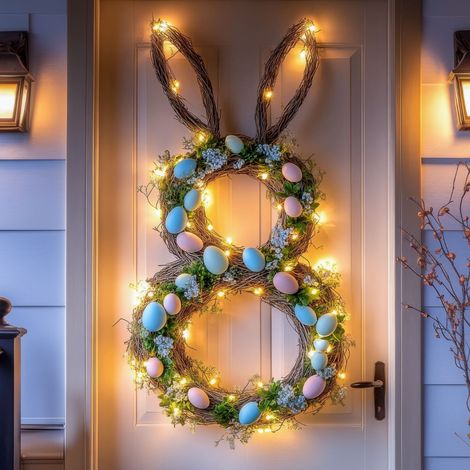 Hasenförmiger Osterkranz, Leuchtender Kranz mit warmweißen LED-Lichtern, Faltbarer Hasenkranz, Ostereierkranz, Perfekt zur Dekoration von Veranden, Außenwänden und Fenstern - B