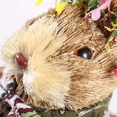 Décoration de Pâques artisanale en paille avec panier de fleurs, lapin debout fait main pour figurines et poupées. (1/4)