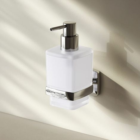 Distributore di sapone liquido in vetro con supporto a parete, cromato