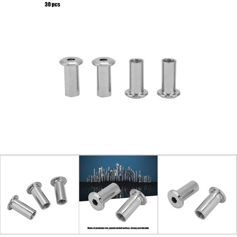 Écrous plats nickelés à tête hexagonale et manchon rond pour meubles (M822, 30 pièces) (1/5)