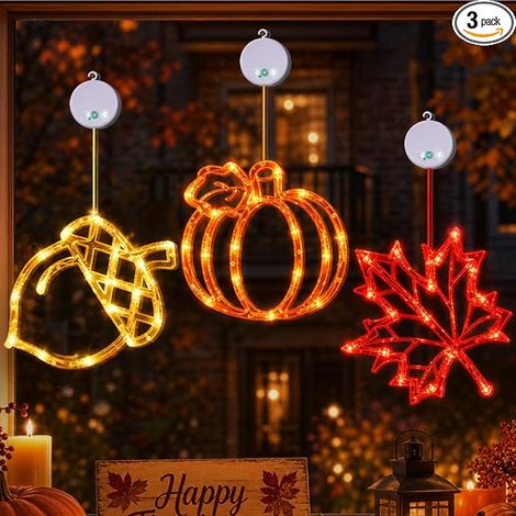 Luminaire à ventouse automne lot 3 pièces, citrouille feuille d’érable gland, guirlande LED suspendue, décoration vitrine intérieure ambiance festive (1/4)