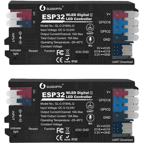 2x GLEDOPTO ESP32 WLED LED-Controller mit Mikrofon, Musiksynchronisation, unterstützt WS2811/WS2812/WS2813/WS2815 LED-Streifen, Schwarz-JXLGV (1/5)
