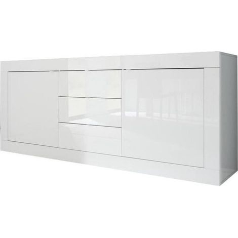 Buffet 2 portes 3 tiroirs blanc laqué brillant – Dimensions L210 x P42 x H85,8 cm – Panneau de particules haute densité – Style contemporain – Homemania (1/10)