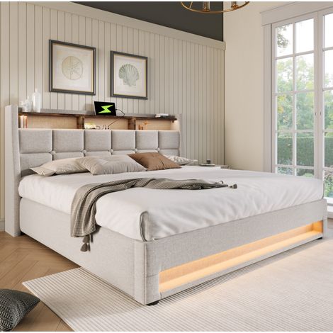 Cama tapizada 180x200 cm beige de lino, con LED, USB, somier de láminas y arcón elevable (1/5)