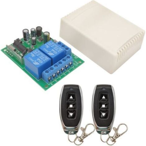 Telecomando universale per cancelli, interruttore di controllo remoto per motore AC 240V 230V 220V 10A, ricevitore a relè radio a 2 canali con 2 trasmettitori per porte da garage e tende elettriche (1/4)