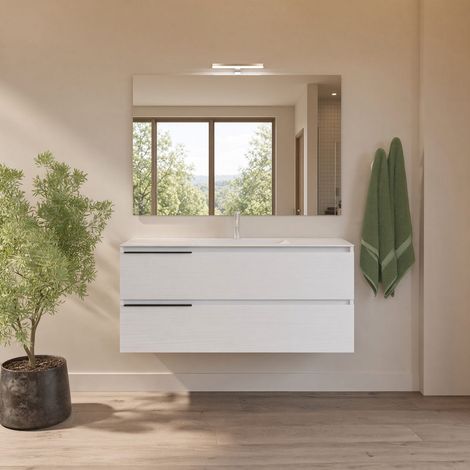 Mobile Bagno Sospeso 120 Cm Con 2 Cassetti, Lavabo Ceramica, Specchio E Lampada Led Berlin (1/5)