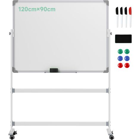 Tableau Blanc Magnétique Double Face avec Roulettes et Accessoires, 127x50x165 cm, Cadre en Aluminium et Acier