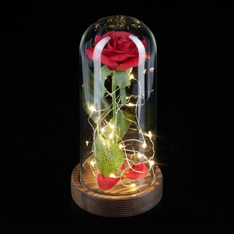 Ulisem Ewige Rose mit Lichterkette, Geschenk für Frauen, Glaskuppel, Holzsockel, Die Schöne und das Biest, Künstliche Rose, Rot (1/4)