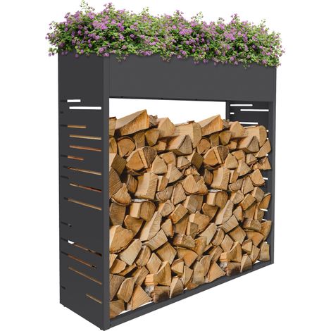 ML-Design Portalegna in Metallo con Fioriera Scaffale Legnaia da Interno Ripiano da Esterno per Legna da Ardere con Design Moderno Contenitore Spaccalegna in Acciaio Antracite 112x30x111 cm (1/5)