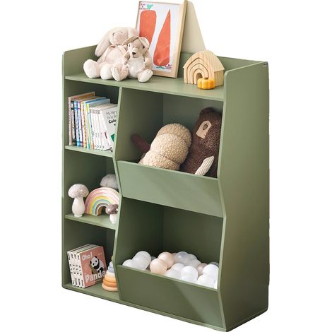 Librería infantil, 5 compartimentos abiertos, robusta y duradera, color verde militar. (1/2)