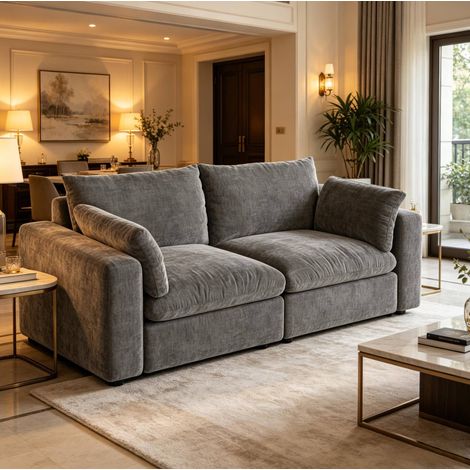 Canapé 2 places 180x91x83 cm gris modulable, structure en bois, tissu chenille MEUBLIV (1/4)