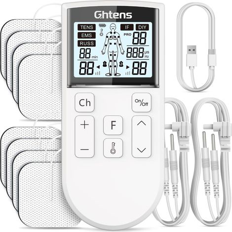 Électrostimulateur Musculaire 5 en 1: TENS/EMS/If/Russ/DIY, Appareil de Stimulation Électrique Rechargeable, 80 Programmes, 2 Canaux, 8 Électrodes