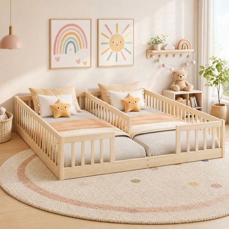 Letto per bambini 90 x 200 cm con sponde, rete a doghe, pino e MDF, naturale (1/5)