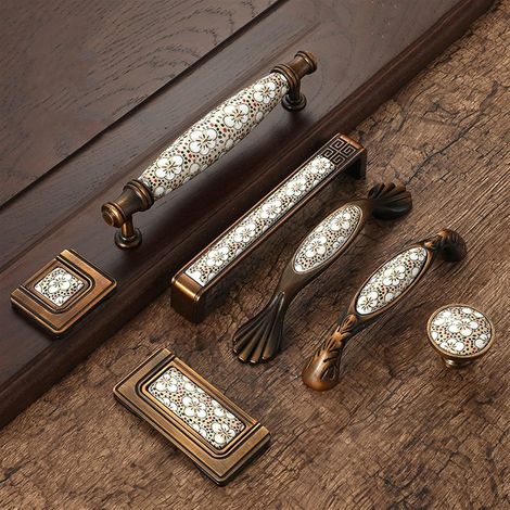 Poignées de meuble en céramique bronze antique, tiroir vintage (1/5)