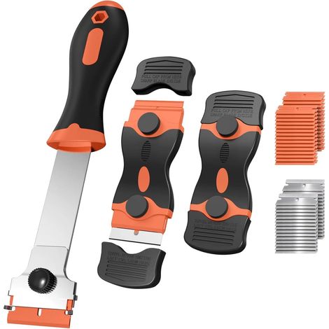 Ensemble de grattoirs à vitres avec 60 lames de rechange pour vitres, plaques de cuisson, décalcomanies et peinture (orange) (1/5)