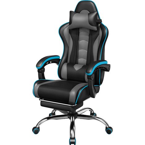 Yaheetech Sedia Gaming Ergonomica Massaggiante Reclinabile con Poggiapiedi Poggiatesta e Supporto Lombare Braccioli Imbottiti in Finta Pelle Poltrona Gamer da Scrivania con Ruote Girevole Grigio (1/5)