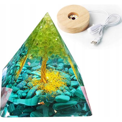 Piramide in orgonite + base per lampada a LED, amuleto con pietre di cristallo da 5 cm, HX12 (1/5)