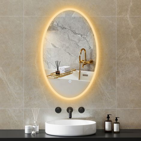 Badezimmerspiegel mit Beleuchtung, 80 x 50 cm, ovaler LED-Spiegel, beschlagfrei, 3 Lichtfarben, dimmbar, transparent (1/5)