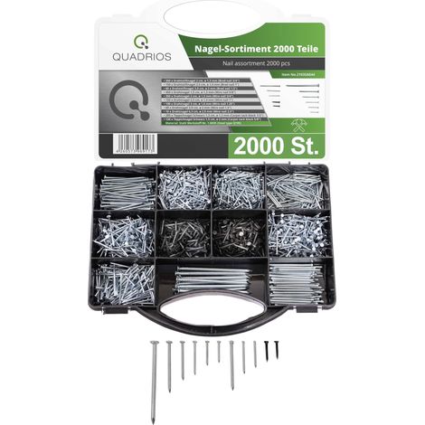 Assortiment de clous 2103SA044 – 2000 pcs en acier galvanisé – Longueur 1,3 à 6,3 cm – Pour bois dur et béton armé – Quadrios